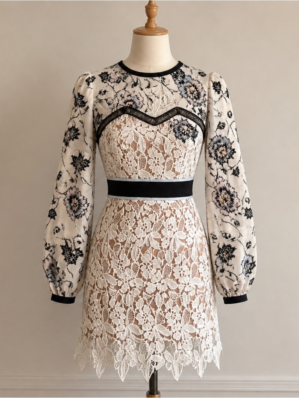 Self-Portrait Ivory Floral Lace Long-Sleeve Mini Dress with Black Trim